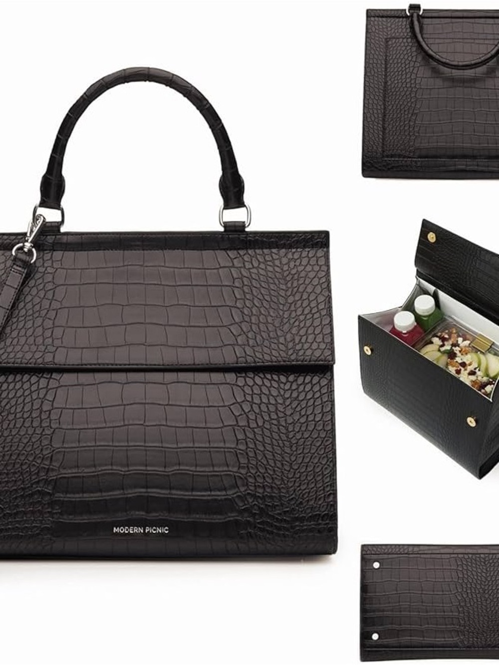 NWT-Modern Picnic “The Large Luncher” Insulated Black Croc-Embossed Lunch Tote